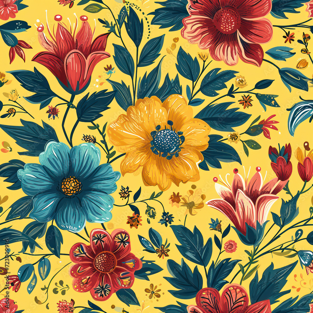 Seamless Floral Pattern Design: Vibrant Blooming Garden in Summer Seamless Floral Pattern Design: Vibrant Blooming Garden in Summer