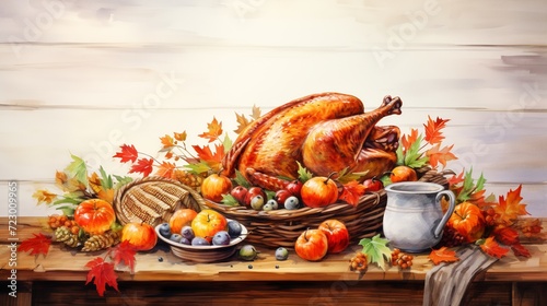 Happy Thanksgiving. Cozy table set for an autumn celebration. Close-up of a stuffed turkey garnished with oranges and rosemary with a golden crust.