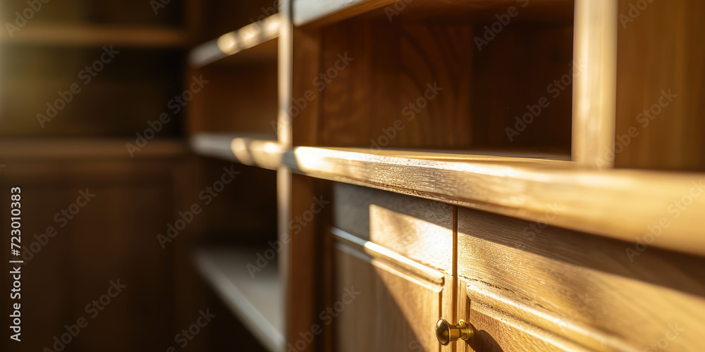 Minimalist Open Empty Cupboard. Close-up of an open, empty white cupboard with shelves, mockup for montage, copy space.
