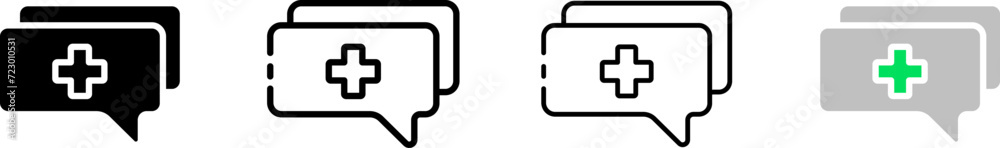 Plus message bubble icon set. Silhouette, linear, and flat style. Vector icons. Plus message bubble icon set. Silhouette, linear, and flat style. Vector icons.