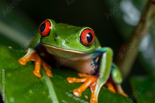 Red-eyed tree frog sitting on a branch. Red Eyed Tree Frog, on a Leaf with Black Background. Gliding frog , animal closeup, Gliding frog sitting on moss, Indonesian tree frog. © Nataliia_Trushchenko
