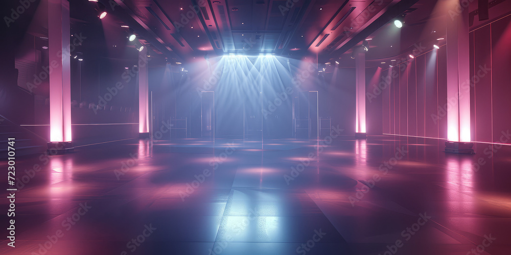Neon blue Lit Empty Nightclub with Dance Floor. An empty nightclub with vibrant neon lights and a spacious dance floor, copy space, template for background. Neon blue Lit Empty Nightclub with Dance Floor. An empty nightclub with vibrant neon lights and a spacious dance floor, copy space, template for background.