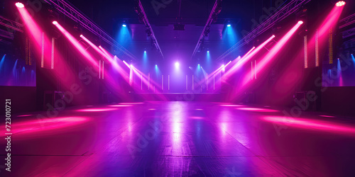 Pink Neon Lit Empty Nightclub with Dance Floor. An empty nightclub with vibrant neon lights and a spacious dance floor, copy space, template for background. © dinastya