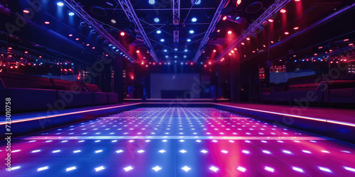 Neon Lit Empty Nightclub with Dance Floor. An empty nightclub with vibrant neon lights and a spacious dance floor, copy space, template for background.