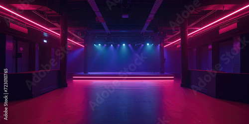 Neon Lit Empty Nightclub with Dance Floor. An empty nightclub with vibrant neon lights and a spacious dance floor  copy space  template for background.