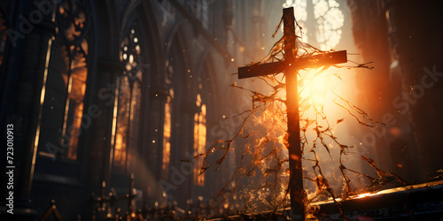 Cross in church with sunshine