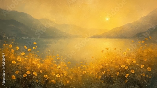 Painting of soft tone asthetic golden flowers mountainscape, yellow and sunny and gentle in style Claude Monet photo