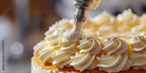 Pastry Bag Decorating Cake with Whipped Cream. Close-up of a pastry bag applying creamy swirls on a cake, copy space. photo