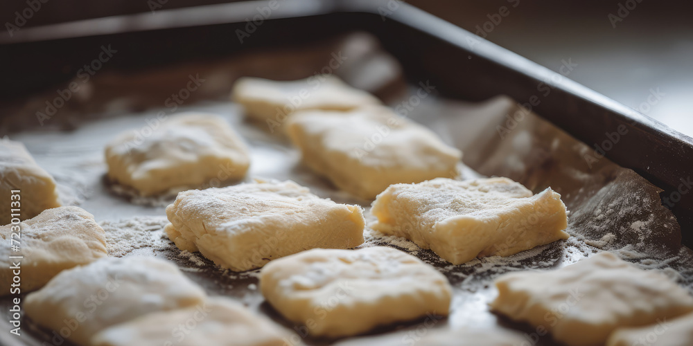 Unbaked Pastry Dough Pieces on Baking Sheet. Close-up of raw pastry dough sections dusted with flour on a baking tray.