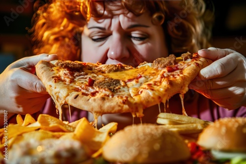 Hungry woman eating pizza at fast food restaurant. Junk food concept. Overweight. Overeating Concept. Obesity Concept with Copy Space.