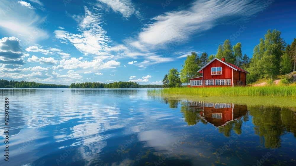 Beautiful landscape with a red house on the lake with water reflection and bright sky with clouds. Weekend house