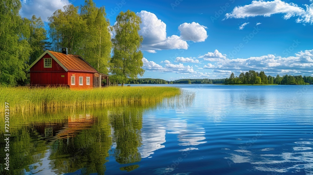 Fototapeta premium Beautiful landscape with a red house on the lake with water reflection and bright sky with clouds. Weekend house