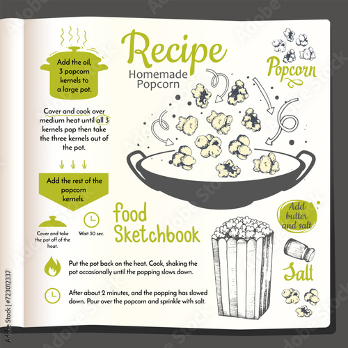 Food sketchbook with fast food snacks. Popcorn recipes. Food in the sketch style. Vector illustration. otepad sheet. Cookbook.