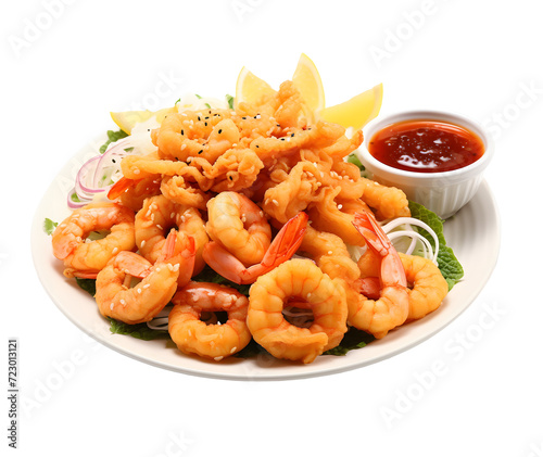 Deep-fried battered prawns with vegetables and dipping sauce on png background.