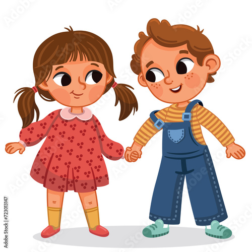 Vector illustration of a girl and boy holding hands.