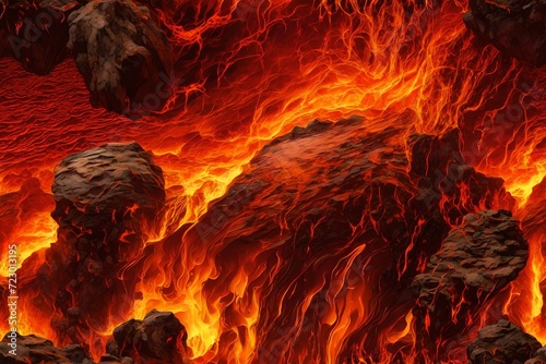 Lava-textured fiery background with rocks, volcano, magma, and seamless flame patterns.