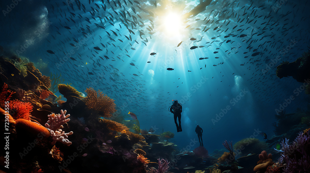 
beneath the enchanting sea, divers gracefully navigate through vibrant coral reefs, their silhouettes illuminated by the dappled sunlight
