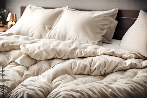 Ivory duvet on cozy bed, ready for winter. Household, hotel, or home textile scene