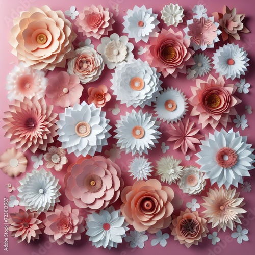 A vibrant collection of paper flowers in various shades of pink and white, beautifully arranged on a pink background. It is perfect for wedding, event, or celebration decor.
