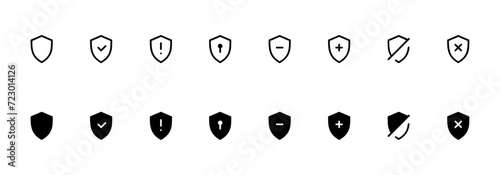 Shield icon set. Set of security shield icons, security shields logotypes with check mark, padlock. Security shield symbols for apps and websites. Vector illustration. photo