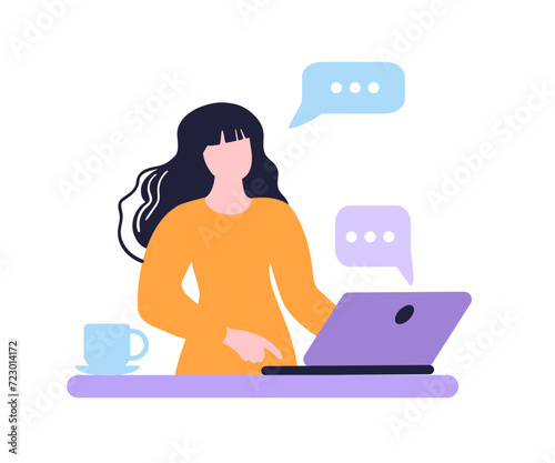Online learning. Homeschooling and Workplace. The girl is texting from a laptop. Dialog window. Flat vector illustration © vladaray