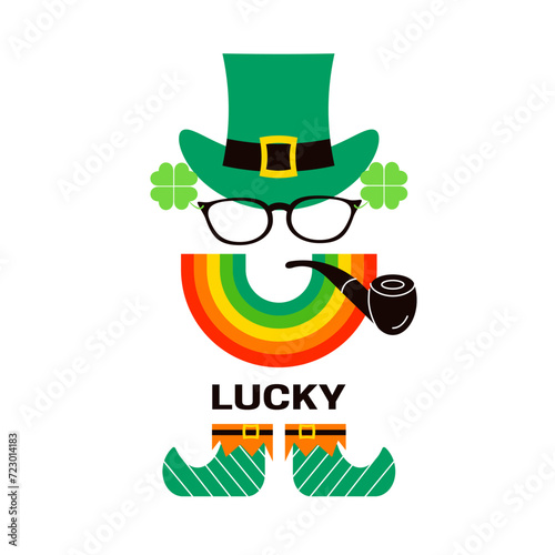 Saint Patricks Day abstract leprechaun face. Irish cartoon character with smoking pipe, rainbow beard, clover leaf, glasses and green hat. Flat vector illustration isolated on white background