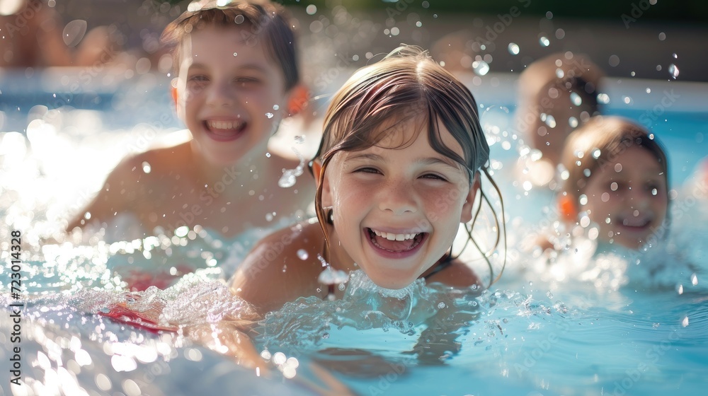 Happy children enjoying pool in summer. Children Enjoying Pool Time during Family Gathering. Swimming pool Happy children enjoying pool in summer. Children Enjoying Pool Time during Family Gathering. Swimming pool