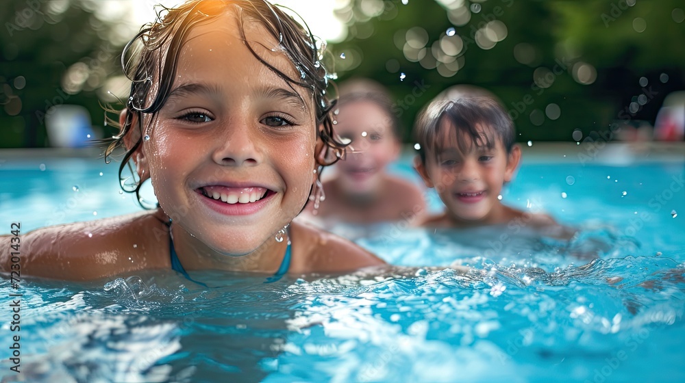 Happy children enjoying pool in summer. Children Enjoying Pool Time during Family Gathering. Swimming pool Happy children enjoying pool in summer. Children Enjoying Pool Time during Family Gathering. Swimming pool
