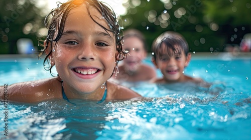 Happy children enjoying pool in summer. Children Enjoying Pool Time during Family Gathering. Swimming pool