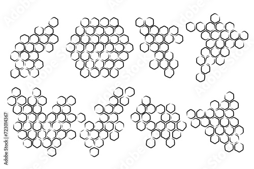 Propolis honeycomb set. Doodle hand drawn honeycomb sketch structure. Honey, pollen, wax, parchment and bee products in sketch style. Stock black and white illustration on a white background.