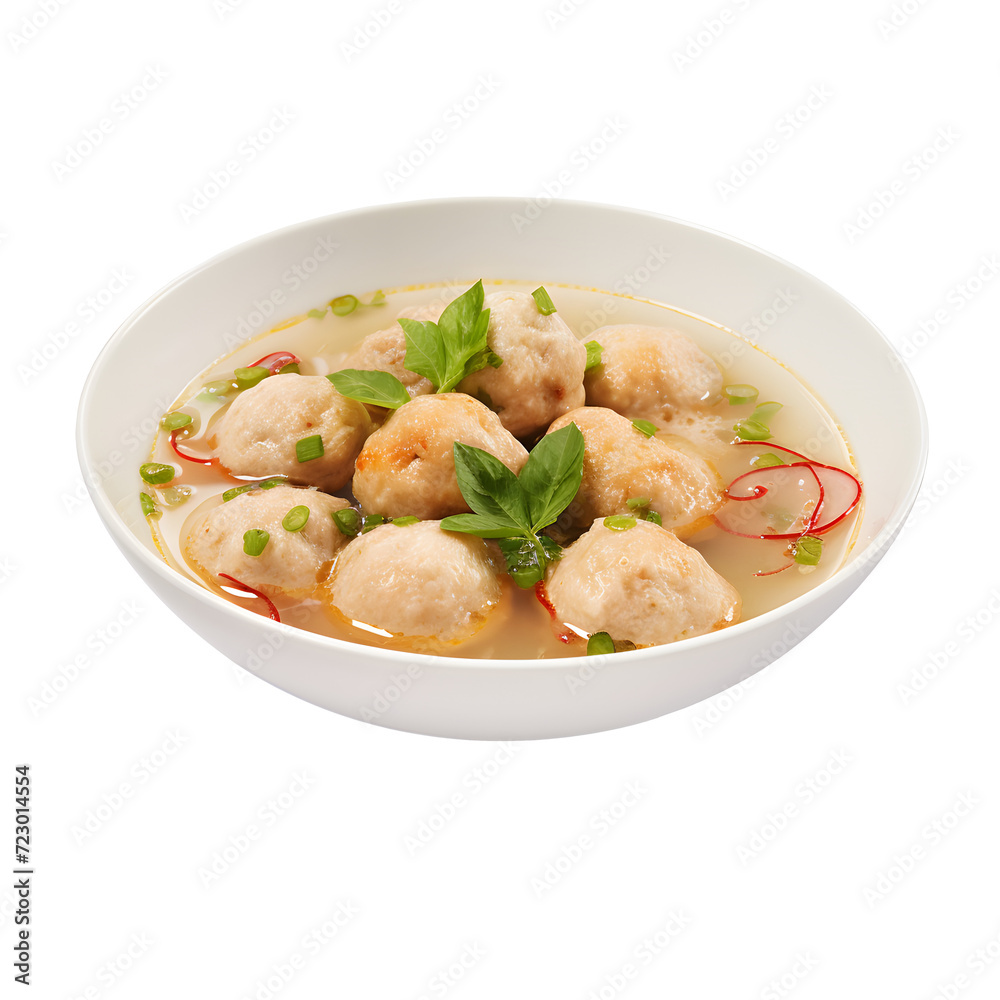 Clear broth with bacon dumplings in soup bowl on png background.