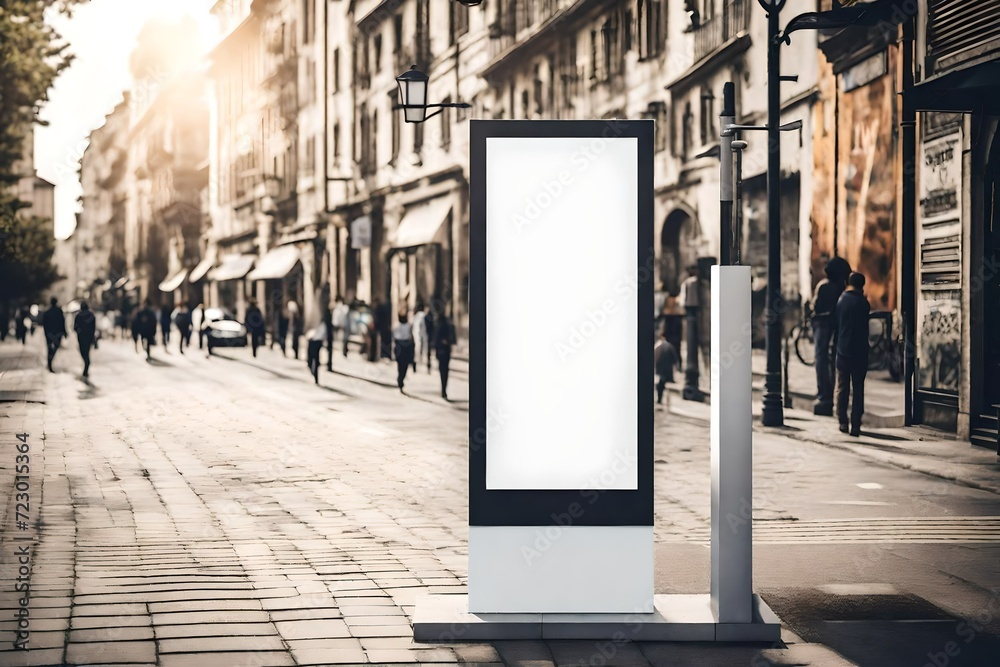 a brief prompt for a vertical street advertising stand mockup with a blank white billboard poster and an urban city background