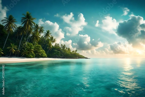 a brief description of a tropical beach scene  featuring a wide horizon where the sky meets the sea  showcasing the beauty of the panoramic seascape