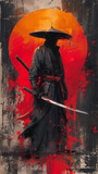 Samurai in dark attire against a bold red sun, sword drawn, ready for battle