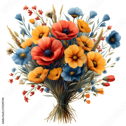Hand-tied floral bouquet isolated on white background, hand drawn, png

