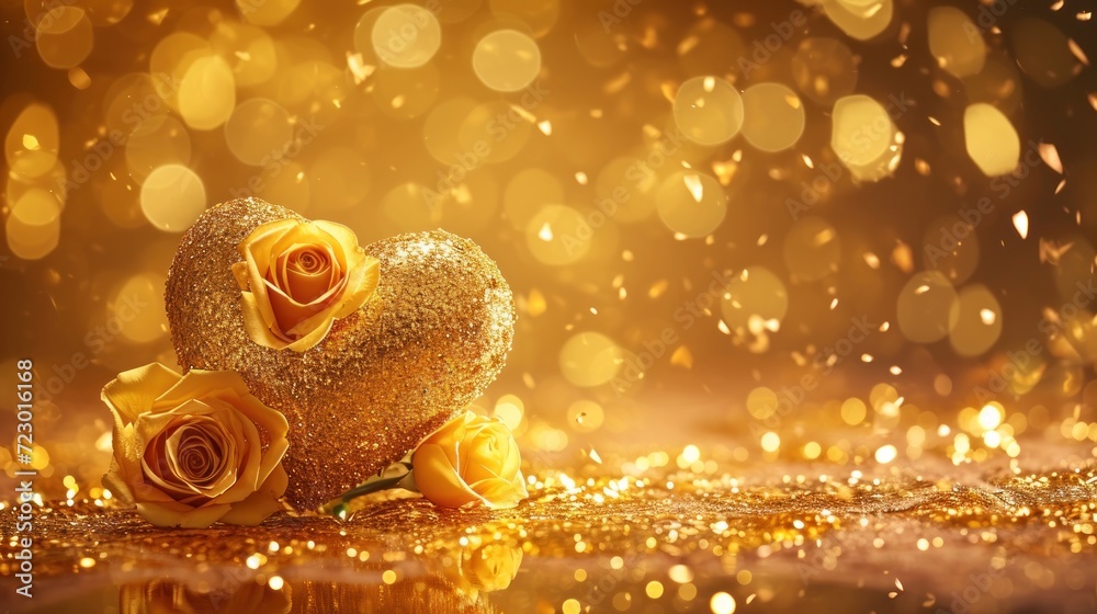Valentine's day concept. Golden heart and roses with sparkling confetti falling onto the ground with gold bokeh background Valentine's day concept. Golden heart and roses with sparkling confetti falling onto the ground with gold bokeh background