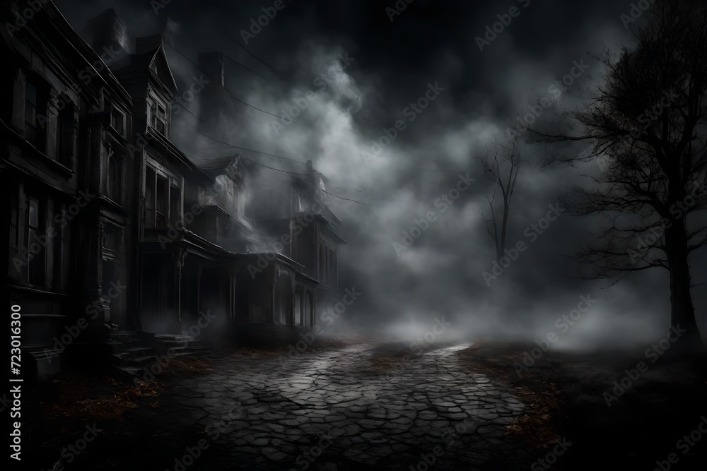 a dark, spooky atmosphere with a 3D magic effect using black ground fog, mist, and steam overlay on a transparent background