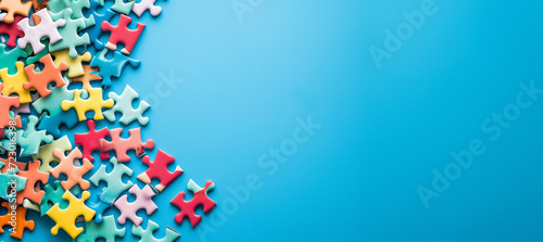 colorful puzzle pieces on a vibrant blue background with plenty of copy space with copy space. Colorful jigsaw puzzle pieces on a blue background. Problem solving concepts. Texture photo with copy spa photo