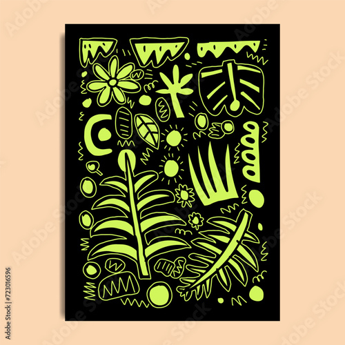 botanical art  doodle hand drwn  black and green