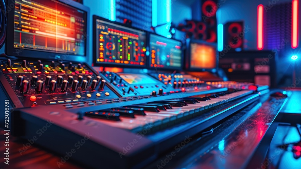 Sound board with vivid lights in the background, ideal for music events and designs with a concert theme. Sound board with vivid lights in the background, ideal for music events and designs with a concert theme.