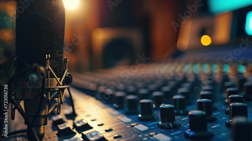 Sound board with vivid lights in the background, ideal for music events and designs with a concert theme.