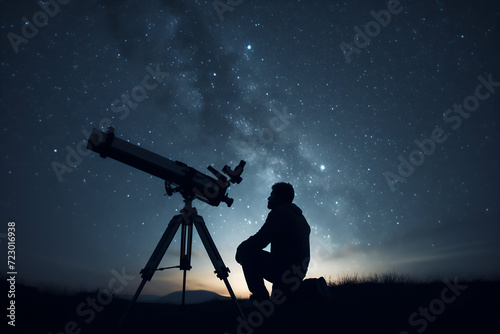 Silhouette of man looking through telescope against starry sky background