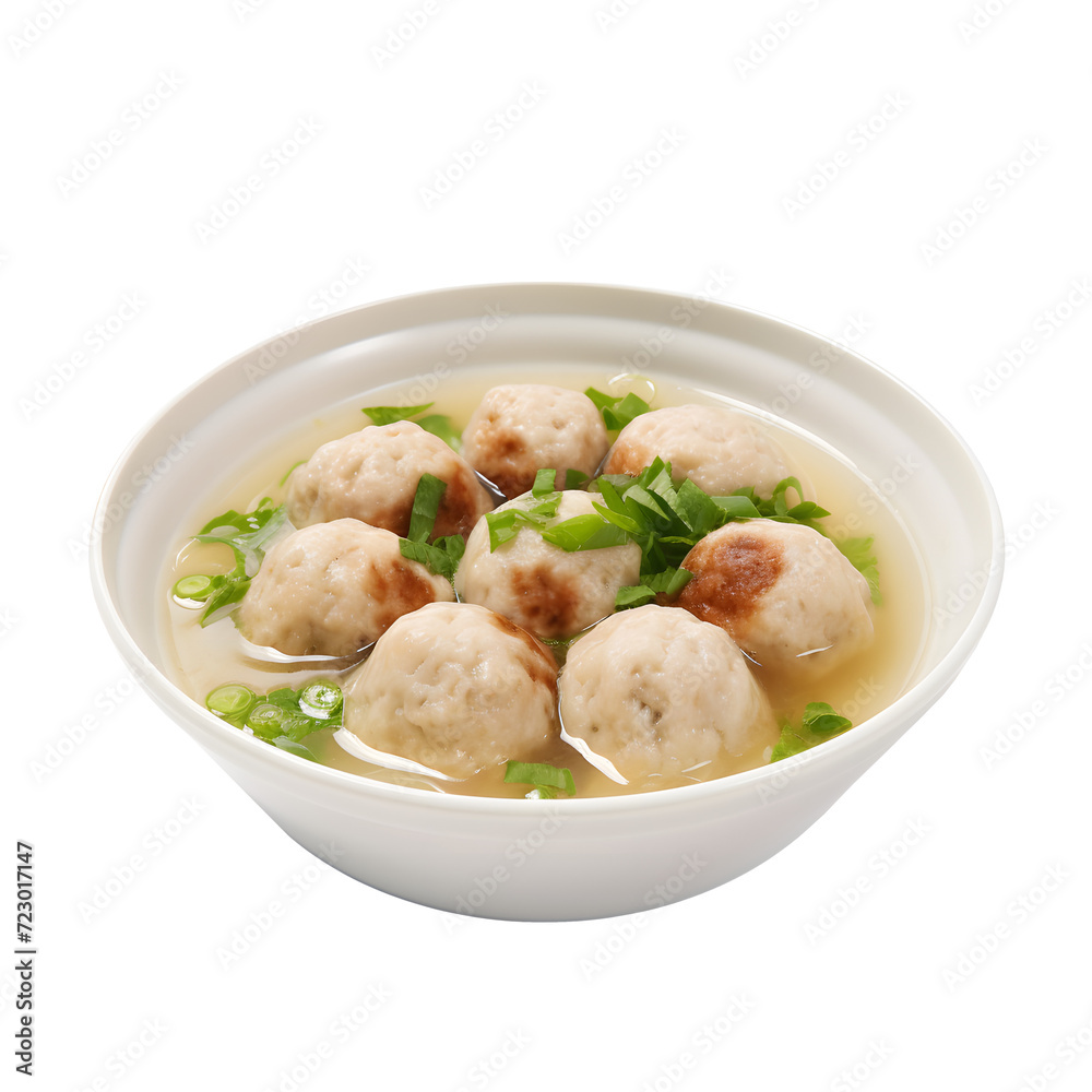 Clear broth with bacon dumplings in soup bowl on png background. Clear broth with bacon dumplings in soup bowl on png background.