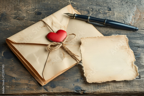 papier à lettre de type parchemin avec stylo à plume sur table en bois, petit cœur rouge posés sur la table