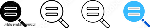 Equal sign inside magnifying glass icon set. Silhouette, linear, and flat style. Vector icons.
