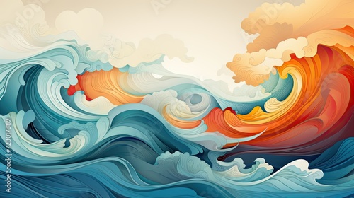 Background illustration of violent sea waves in the middle of the ocean, Japanese style painting photo