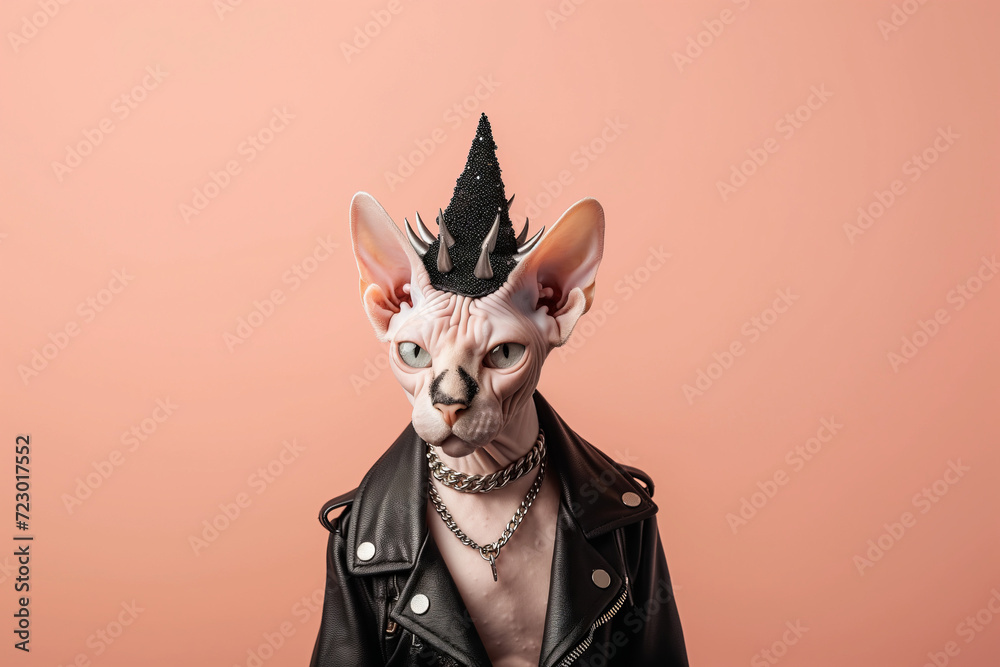 Punk Rock Sphynx Cat with Mohawk and Leather Jacket