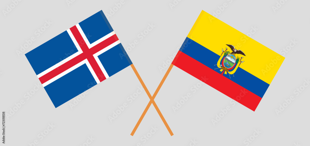 Crossed flags of Iceland and Ecuador. Official colors. Correct proportion