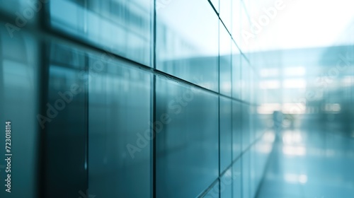 abstract grey glass wall blurred against the backdrop of a building.