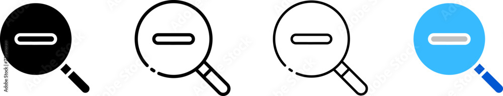 Minus inside magnifying glass icon set. Silhouette, linear, and flat style. Vector icons. Minus inside magnifying glass icon set. Silhouette, linear, and flat style. Vector icons.